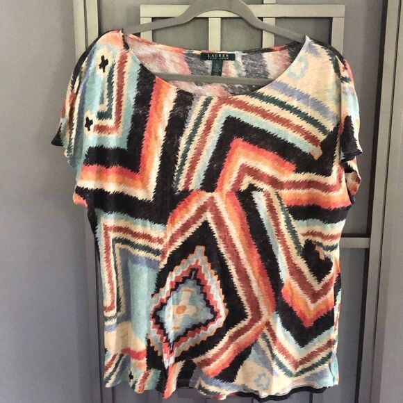 Lauren Ralph Lauren Aztec southwestern style cap sleeve T-shirts size XL linen - Picture 1 of 3